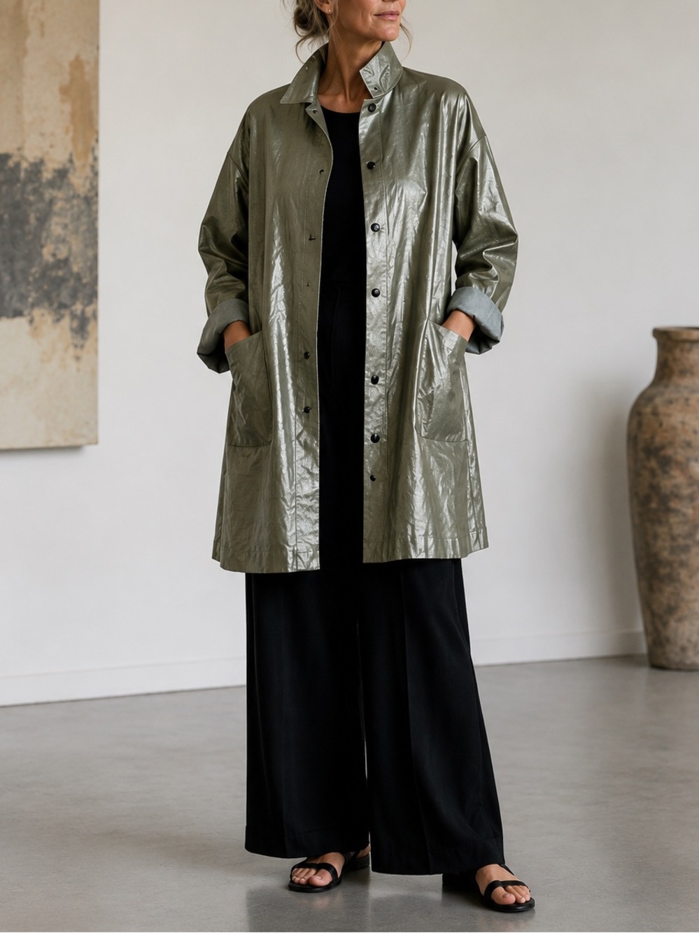 Babette San Francisco Coated Linen Duster Coat Sage Art to Wear Lagenlook  M